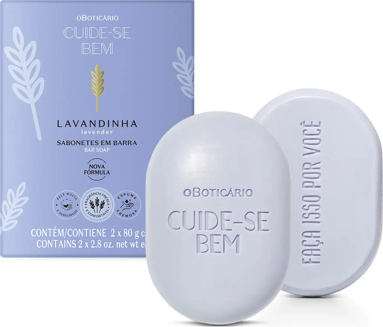 Caixa de sabonetes em barra de lavanda da marca Cuide-se Bem, com embalagem lilás e detalhes em branco, contendo 2 unidades de 80g cada.