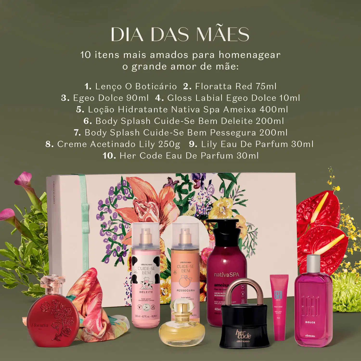 Imagem de diversos produtos de perfumaria e cuidados pessoais, todos os itens da marca O Boticário, dispostos sobre uma superfície verde com flores e folhagens ao redor, em um ambiente que sugere um cenário de datas comemorativas.