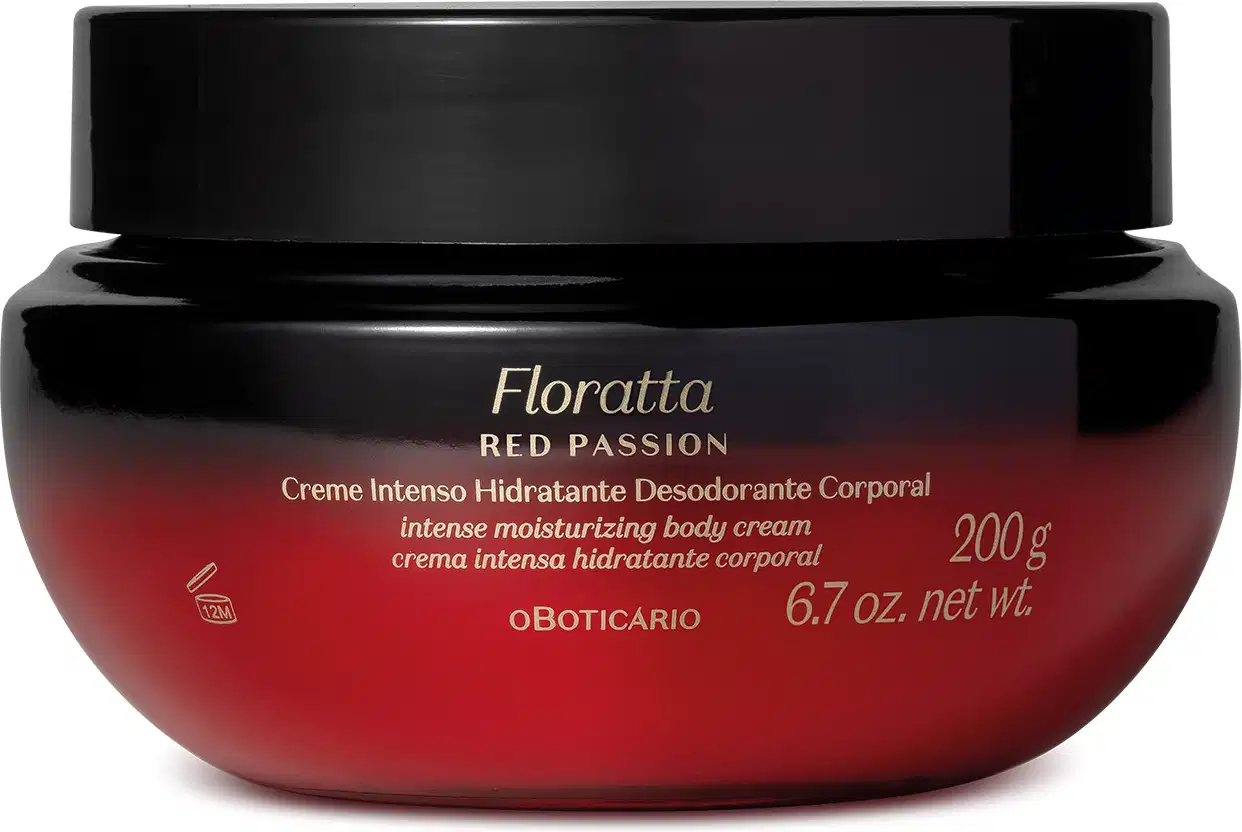 Imagem de um pote preto e vermelho de creme hidratante corporal da marca Floratta, com texto dourado "Red Passion", apresentando informações sobre o produto. A embalagem contém 200g.