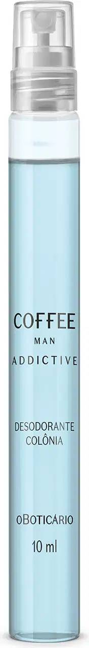 Imagem de um frasco cilíndrico transparente contendo o desodorante colônia Coffee Man Addicted de tonalidade azul clara. A embalagem possui borrifador prateado e 10ml de produto.