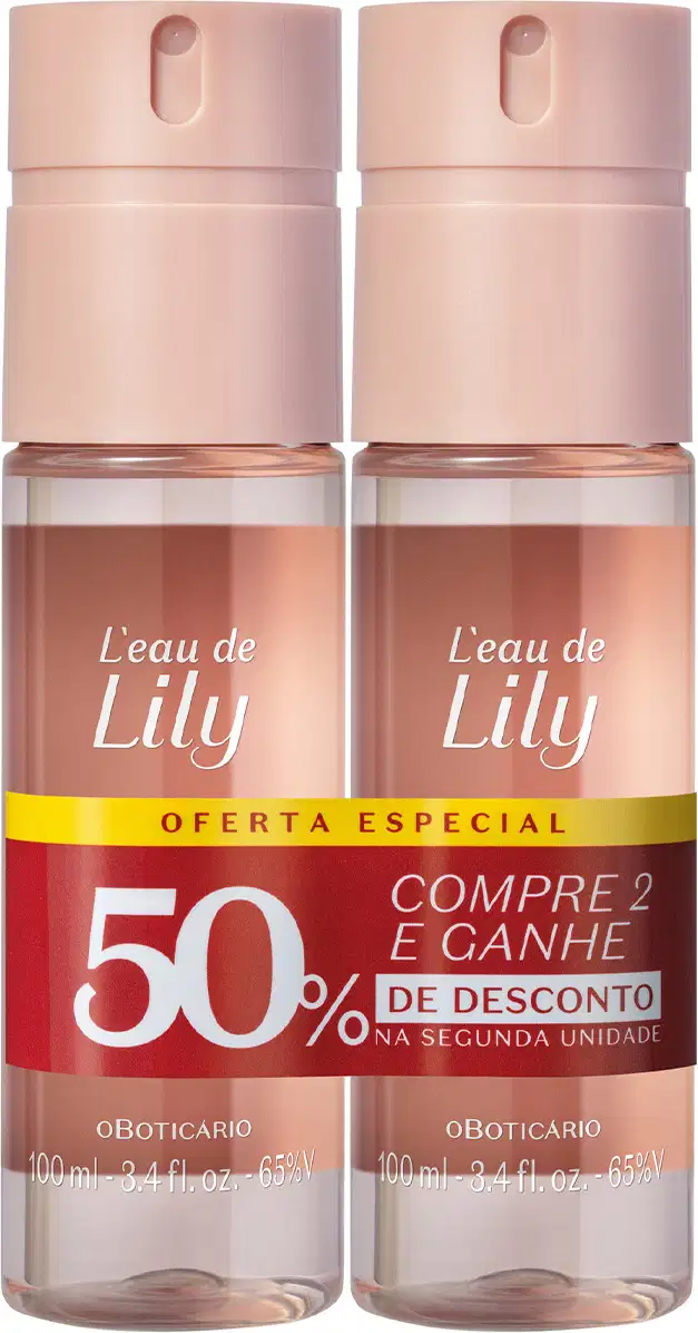Dois frascos de item de perfumaria da marca L'eau de Lily, com embalagem rosa clara e tampa rosada, exibindo oferta especial de compre 2 e ganhe 50% de desconto na segunda unidade.