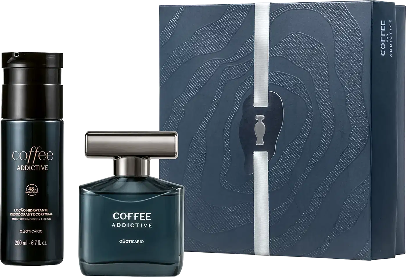 Caixa cinza com padrão ondulado contendo frasco de item de perfumaria da marca Coffee Addictive e bisnaga de loção hidratante corporal da mesma linha, ambos em tons escuros.