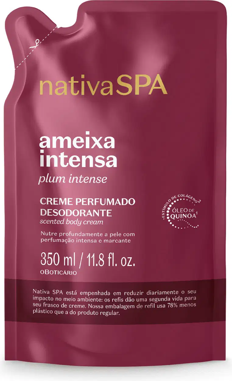 Embalagem de refil de creme perfumado desodorante da marca Nativa SPA, na cor vinho, com texto em dourado indicando "ameixa intensa" e "plum intense".