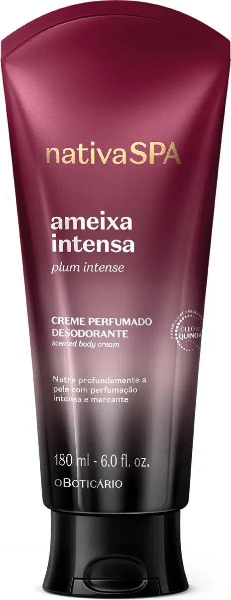 Frasco de creme perfumado desodorante da marca Nativa SPA, na cor vinho, com rótulo em dourado contendo o nome "Ameixa Intensa" e a descrição "Plum Intense".