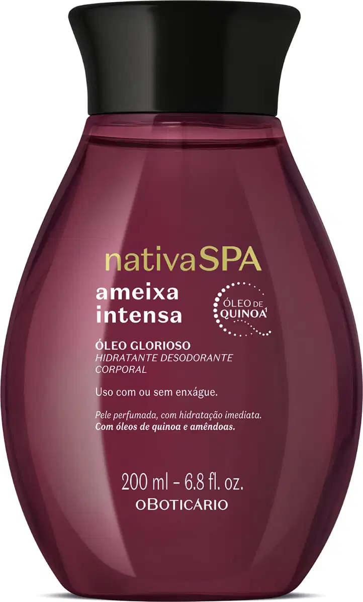 Frasco de item de perfumaria da marca Nativa SPA, com formato cilíndrico e tampa preta, em cor vinho escuro, com rótulo destacando "Ameixa Intensa" e informações sobre óleo de quinoa.