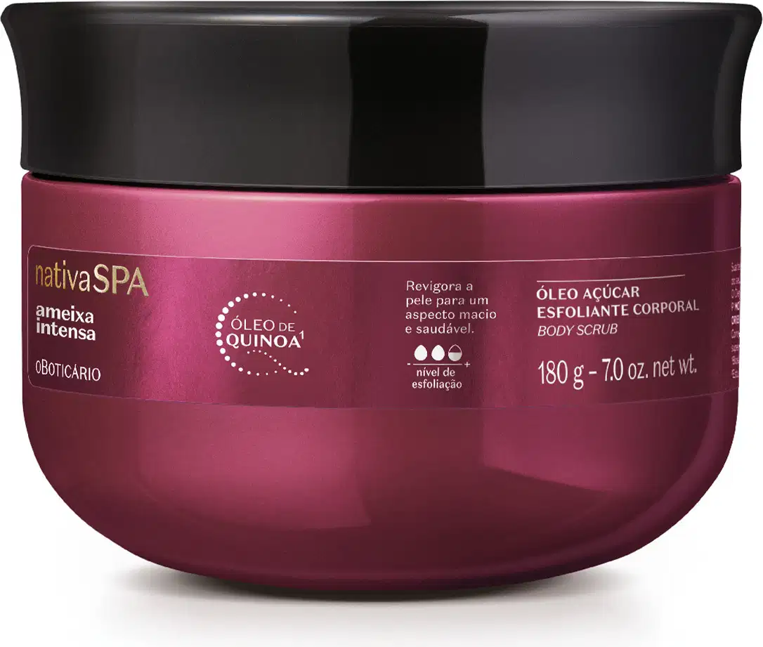 Pote de esfoliante corporal da marca Nativa SPA, com embalagem rosa e preta, rótulo com texto "Óleo açúcar esfoliante corporal" e informações sobre o produto.