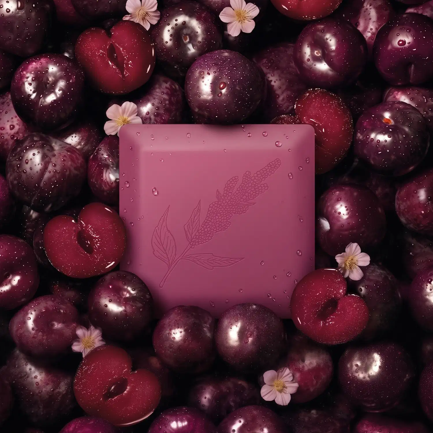 Sabonete rosa com relevo floral sobre fundo de cerejas vermelhas brilhantes e flores brancas, em ambiente escuro e úmido.