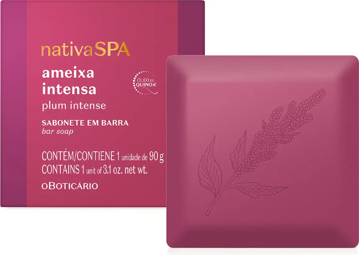 Sabonete em barra da marca Nativa SPA, na cor rosa intensa, com rótulo destacando o nome "ameixa intensa" e a palavra "plum intense" em inglês.
