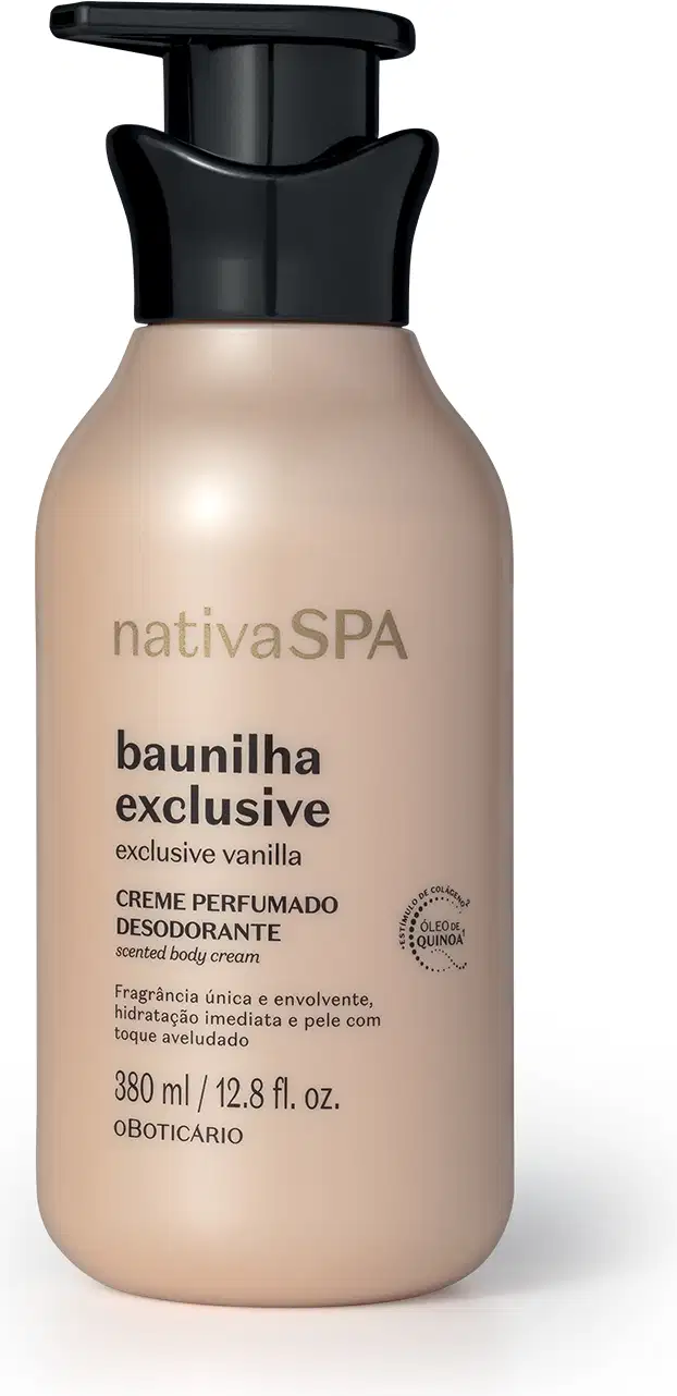 Frasco de creme perfumado desodorante da marca Nativa SPA, na cor rosa claro, com rótulo em letras pretas exibindo o nome "Baunilha Exclusive" e tampa dosadora tipo pump na cor preta.
