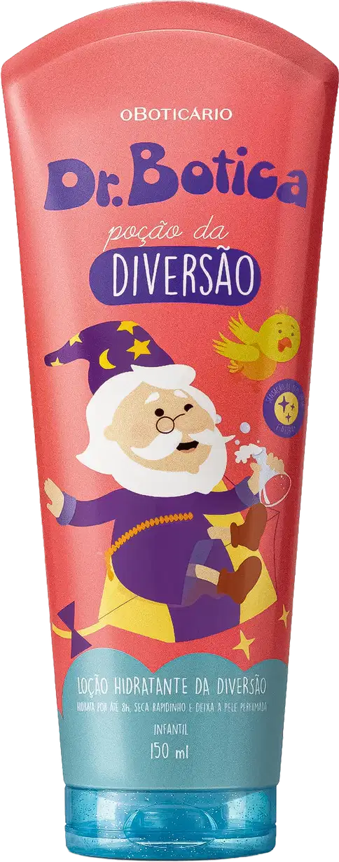 Loção hidratante Dr. Botica Pação da Diversão em tubo de 150 ml. Embalagem com predominância de cores coral e azul, ilustrada com personagem mágico e elementos decorativos. Produto infantil.