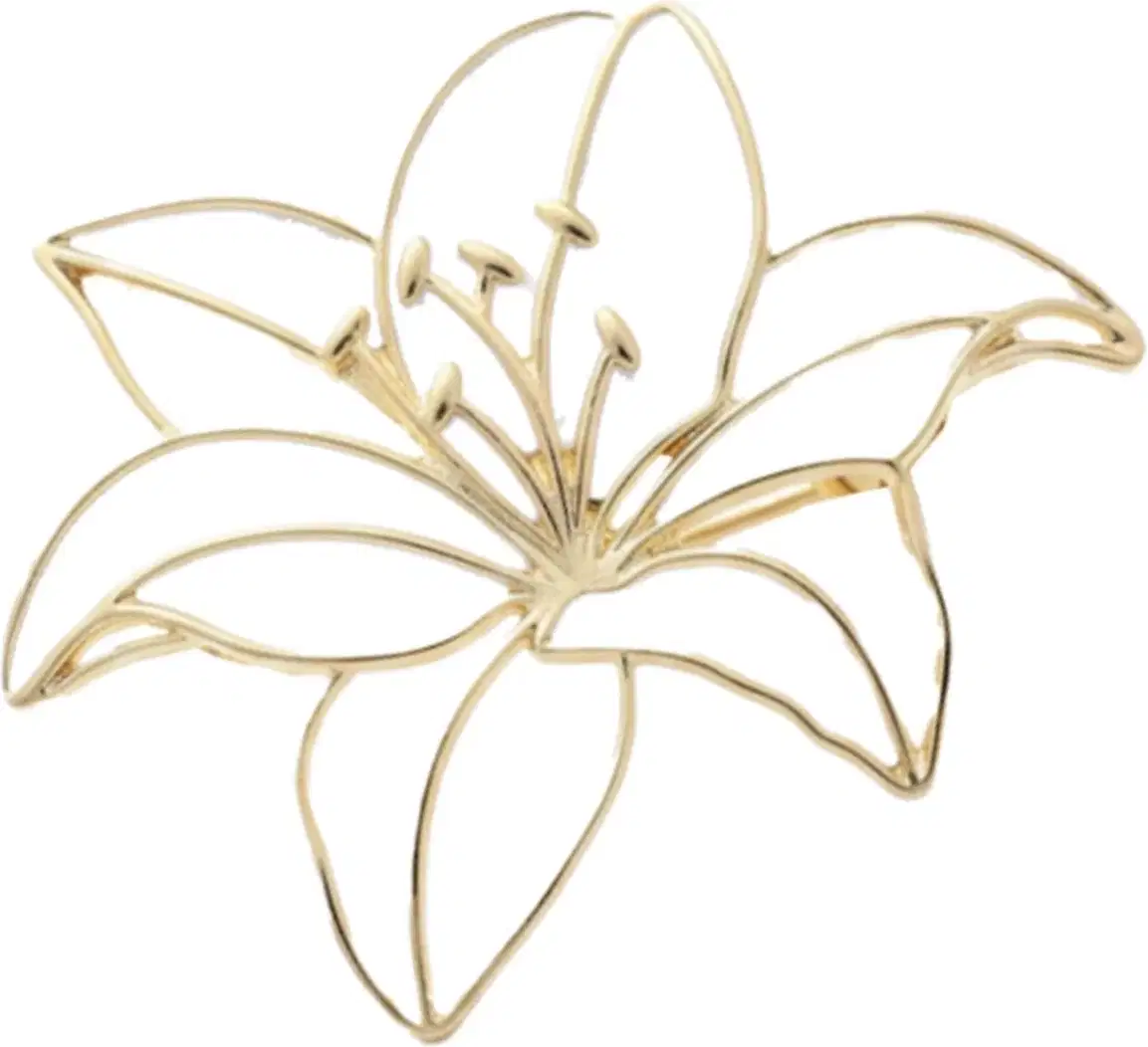 Broche em forma de flor de lírio com pétalas brancas delicadas e elegantes contornadas por um filete de cor dourada.