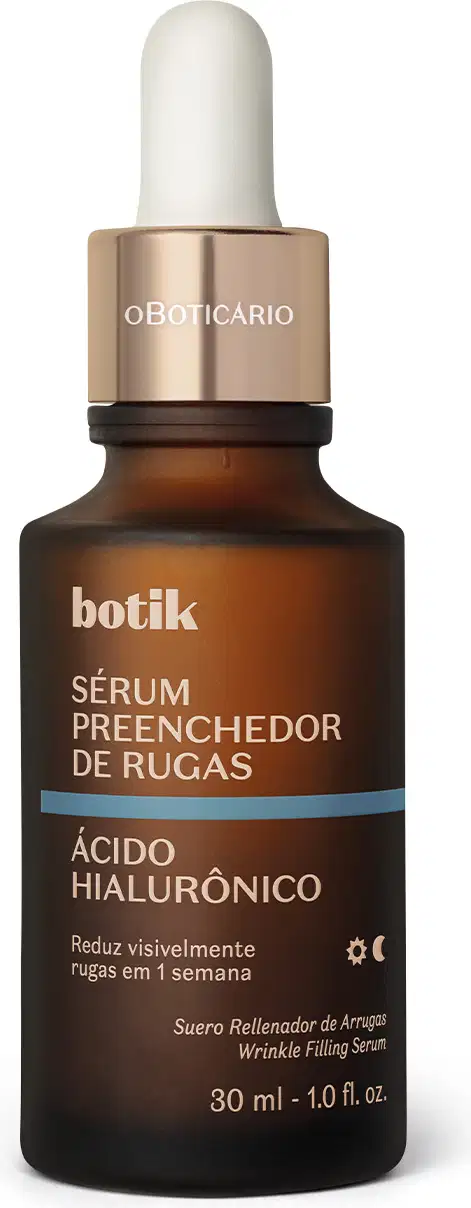 Frasco de vidro marrom com conta-gotas e rótulo dourado com a marca Botik, contendo sérum preenchedor de rugas com ácido hialurônico, que promete reduzir visivelmente as rugas em 1 semana.