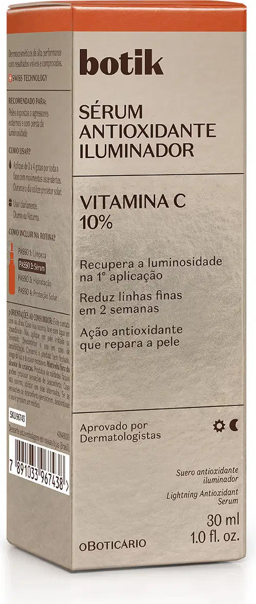 Embalagem retangular dourado e laranja, com informações sobre os benefícios do produto no rótulo.