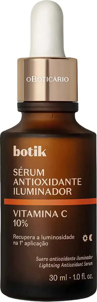 Frasco de vidro marrom com conta-gotas e rótulo dourado contendo "Botik Sérum Antioxidante Iluminador Vitamina C 10%". Produto promete recuperar a luminosidade na primeira aplicação.