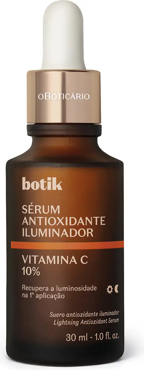 Frasco de vidro âmbar com conta-gotas branco e tampa dourada, contendo sérum antioxidante iluminador de vitamina C 10% da marca Botik.