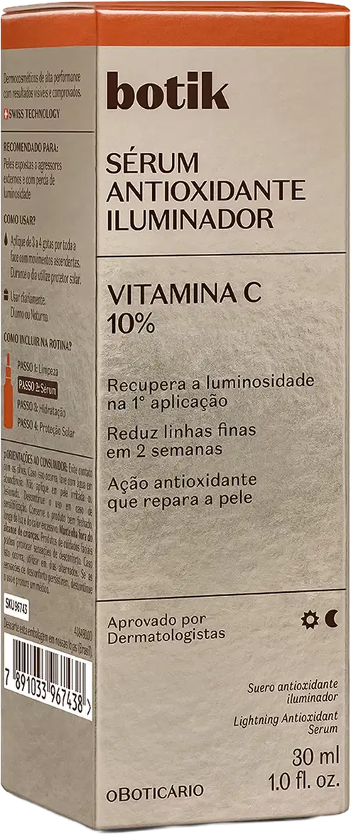 Caixa de papelão laranja e bege contendo frasco de sérum antioxidante iluminador Botik com 10% de vitamina C, 30 ml. Texto em português descreve os benefícios do produto.