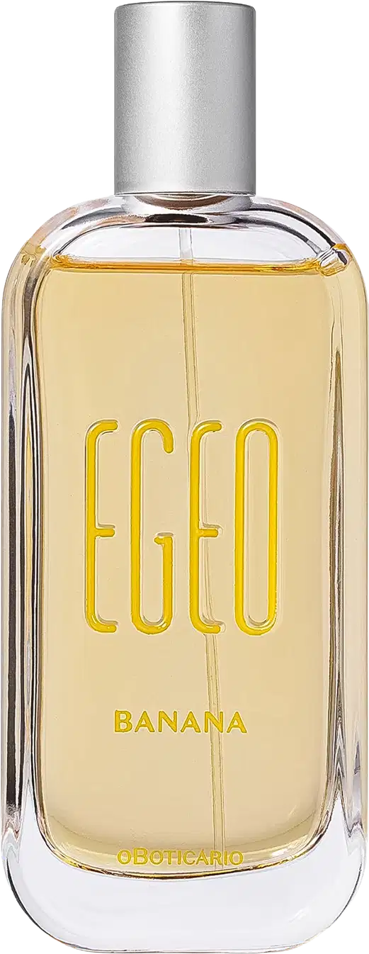 Perfume Egeo Banana em frasco de vidro transparente com líquido amarelo claro. Tampa prateada cilíndrica. Rótulo frontal com logo "EGEO" em letras douradas e texto "BANANA" abaixo. Base branca fosca.
