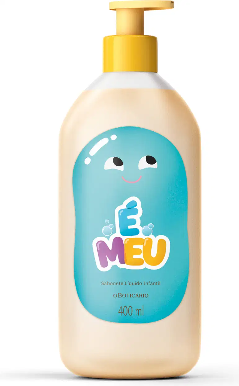 Frasco de sabonete líquido infantil da marca É MEU, com embalagem em cor rosa claro e rótulo azul e amarelo, apresentando um desenho de personagem sorridente e volumetria de 400ml legível no rótulo.