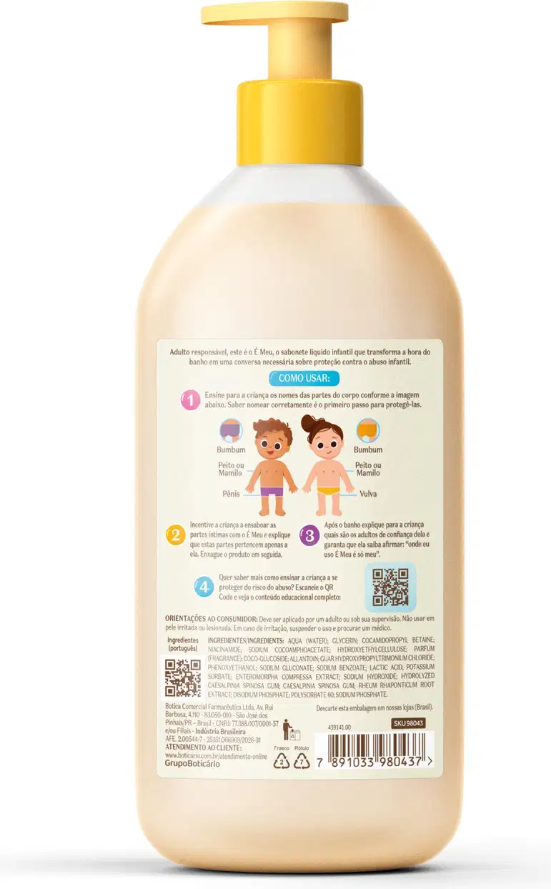 Verso do frasco sabonete liquido infantil da linha É MEU, de O Boticário em material plástico em tom rosado com bomba dosadora amarela, com rótulo informativo sobre instruções de uso.