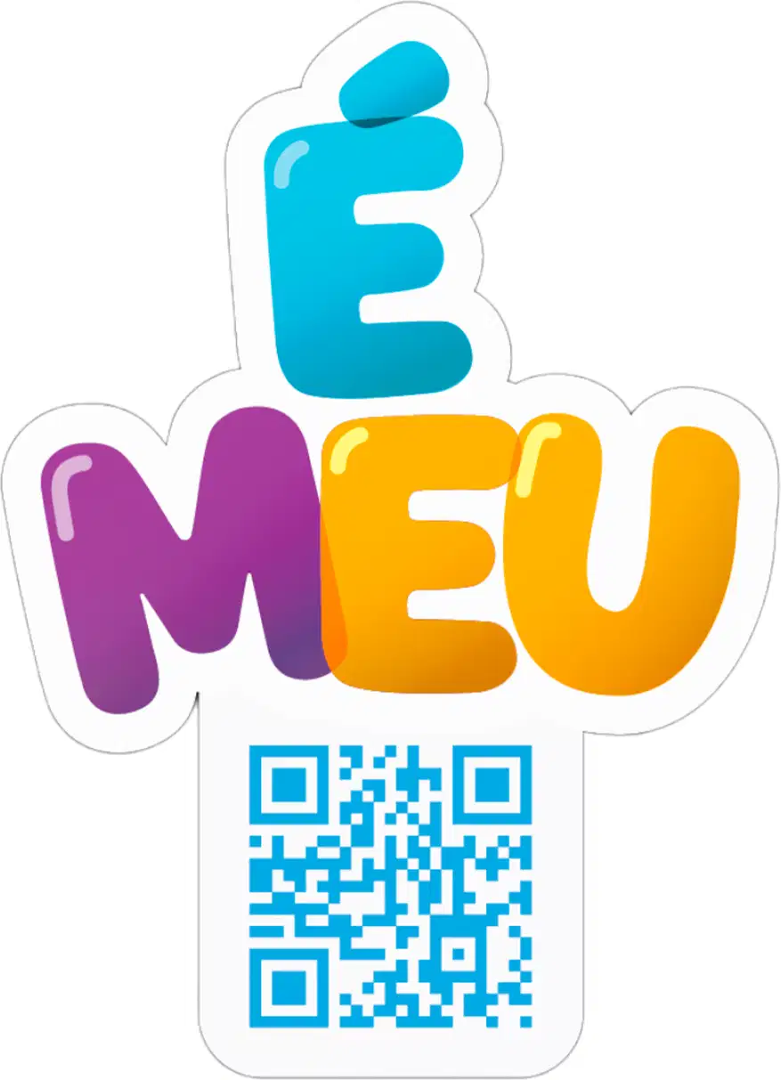 Logotipo da marca "E MEU" com código QR, em cores azul, roxo e amarelo, em fundo branco.