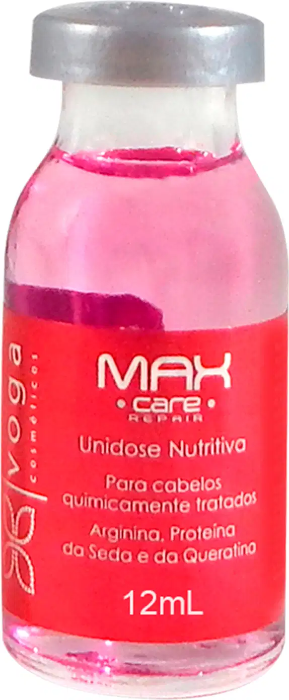 Frasco de tratamento capilar Max Care Repair Unidose Nutritiva, com 12mL de volume, contendo líquido rosa e rótulo vermelho com informações sobre os ingredientes.