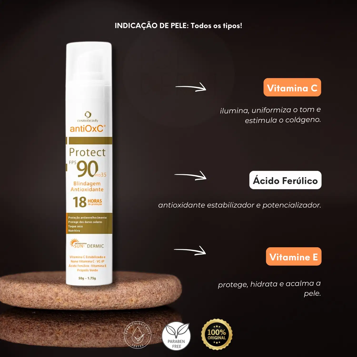 INDICAÇÃO DE PELE: Todos os tipos! Vitamina C ilumina, uniformiza o tom e estimula o colágeno. Ácido Ferúlico é antioxidante estabilizador e potencializador. Vitamina E protege, hidrata e acalma a pele.
