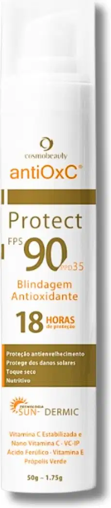 Protetor solar antioxidante Antiox-C Protect FPS 90, embalagem branca com detalhes dourados, contém informações sobre a proteção solar e propriedades antioxidantes.
