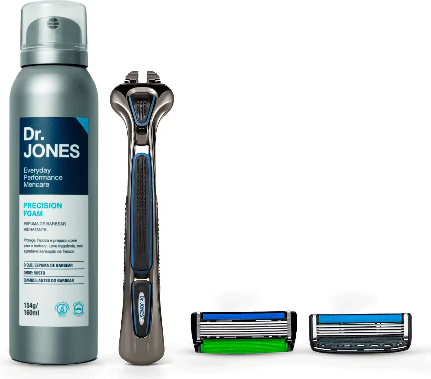 A imagem mostra produtos da marca DR JONES: espuma de barbear, cabo de aparelho de barbear e lâminas de barbear.