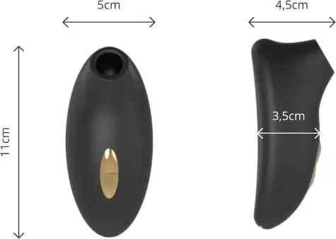 O produto apresentado é um vibrador preto com detalhes dourados. Possui um formato ovalado, medindo 11 cm de altura e 5 cm de largura.