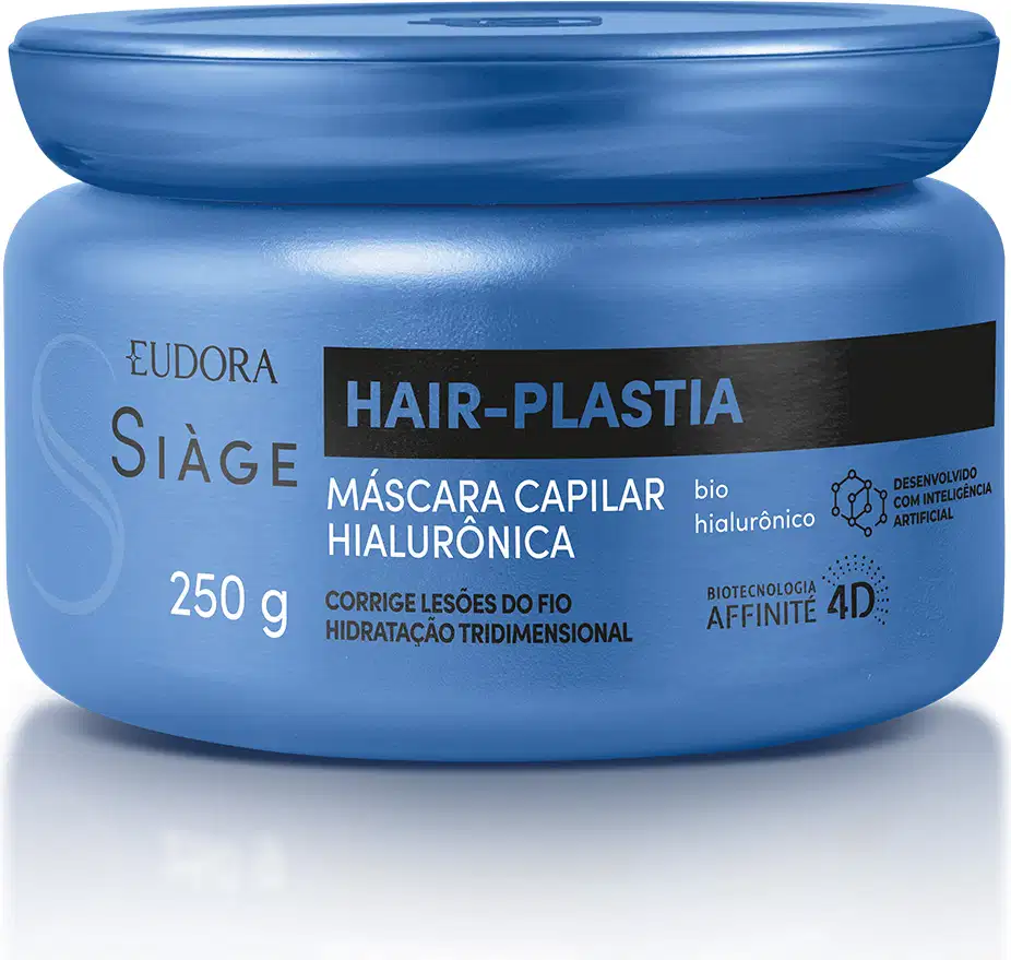 Pote azul com rótulo "Hair-plastia Máscara Capilar Hialurônica" da marca Siàge, contendo 250g do produto. O rótulo destaca a tecnologia 4D Affinity e a presença de ácido hialurônico na fórmula.