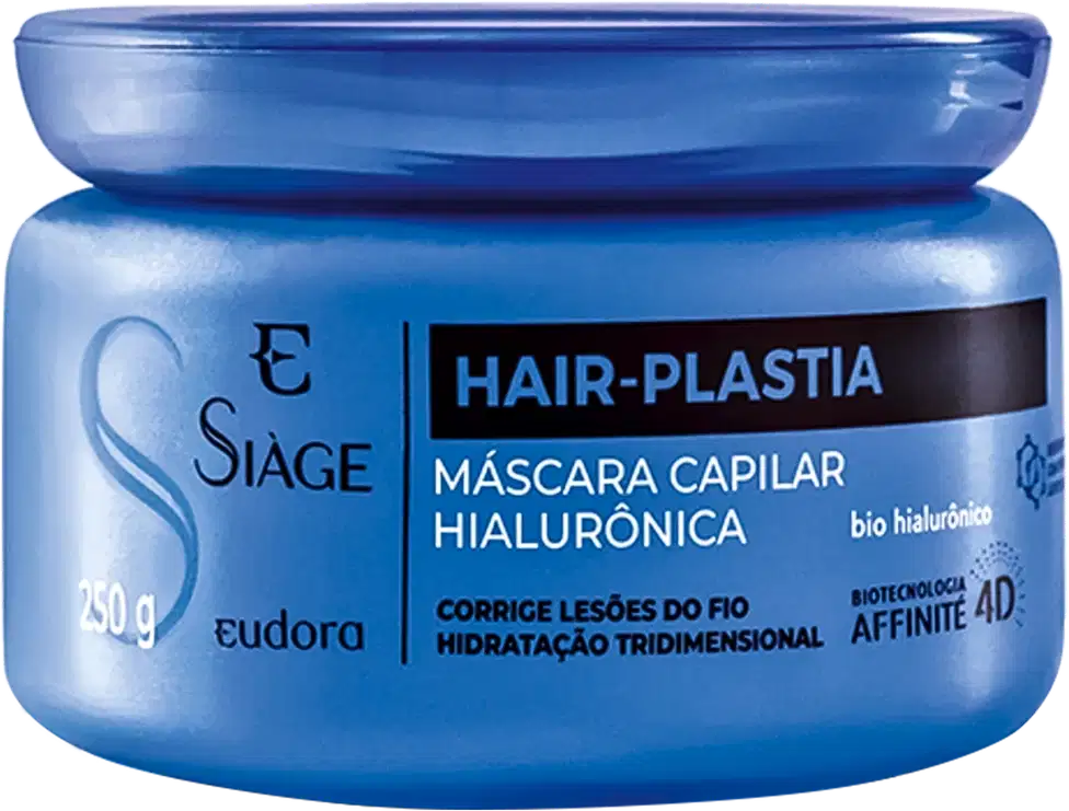 Frasco de máscara capilar hialurônica da marca Eudora, com embalagem azul e rótulo preto destacando o nome "Hair-plastia". O produto promete corrigir lesões do fio e hidratação tridimensional.