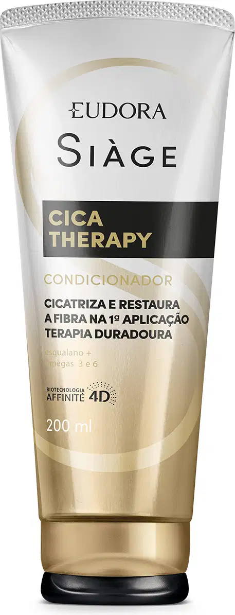 Frasco de condicionador Siàge Cica Therapy, com embalagem branca e dourada, rótulo destacando "Cica Therapy" e informações sobre a fórmula que restaura a fibra capilar.