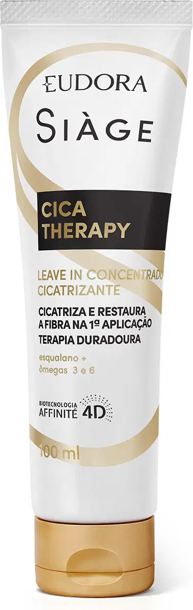 Tubo de tratamento capilar Siàge Cica Therapy, com embalagem branca e dourada, contendo 100 ml do produto. O rótulo destaca o nome da marca, o tipo de tratamento "Cica Therapy" e informações sobre os benefícios do produto.