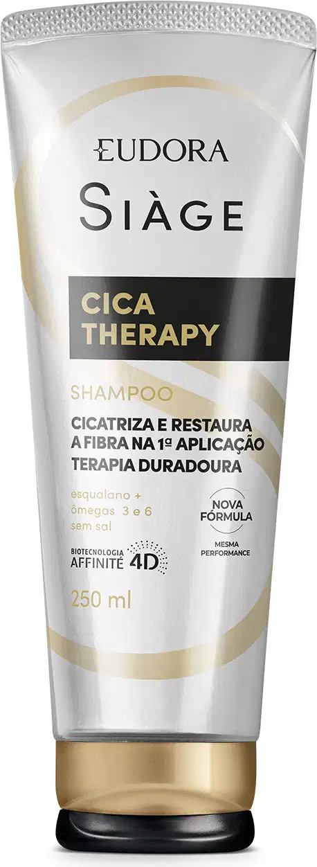 Frasco de shampoo Siàge Cica Therapy, com 250 ml, embalagem branca e dourada, com rótulo destacando "Cica Therapy" e informações sobre a fórmula que cicatriza e restaura a fibra capilar.