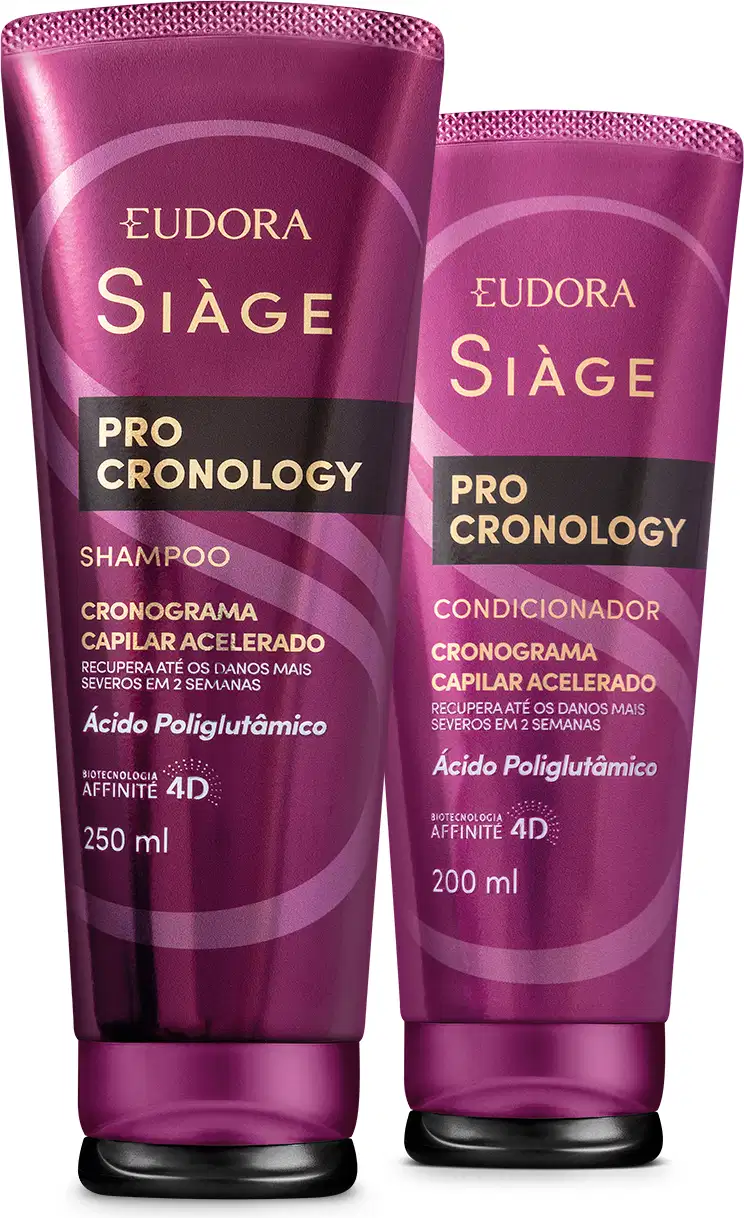 Embalagens tubulares de plástico na cor roxa escura. Tampa preta de click, redonda, na base inferior. Rótulos em letras brancas e douras com a descrição Cronograma Capilar Acelerado e Ácido Poliglutâmico. Shampoo 250ml e condicionador 200ml.