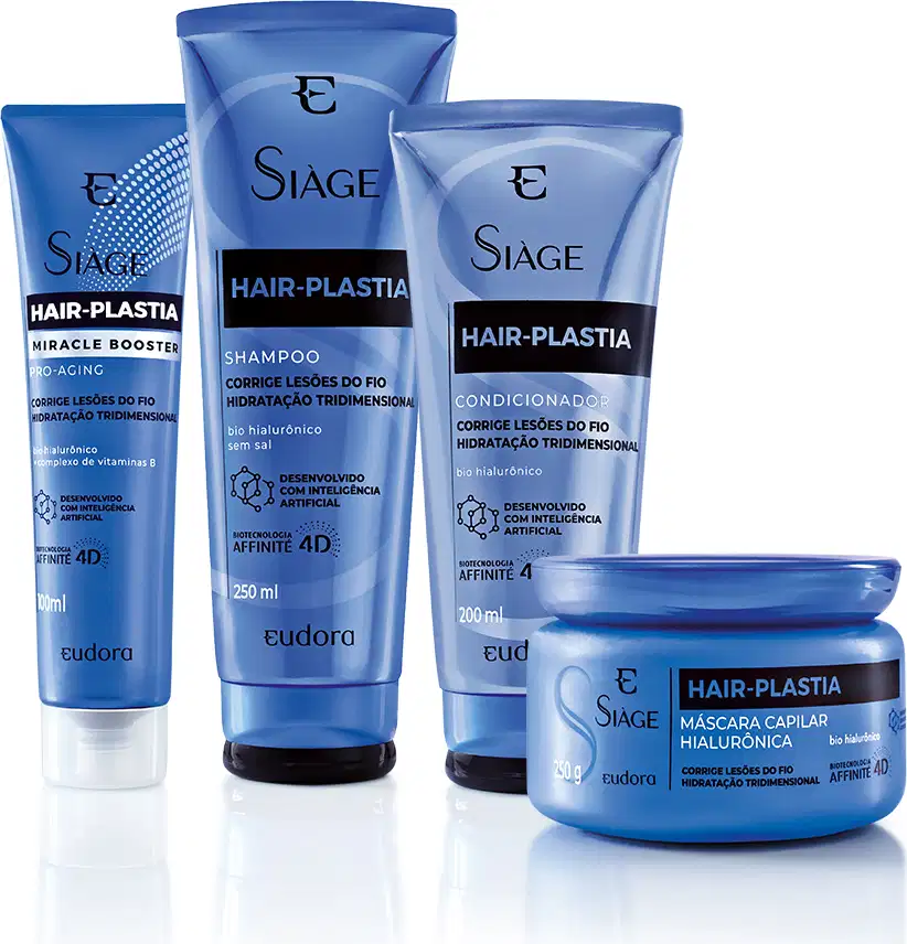 Na imagem há quatro produtos da linha Hair-Plastia de Eudora Siàge. Todas as embalagens são azuis, sendo: shampoo 250ml, condicionador 200ml, máscara capilar 250g, tratamento capilar 100ml.