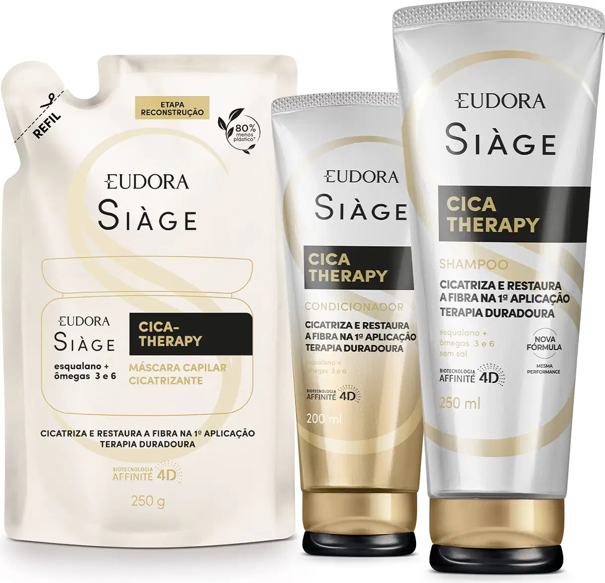 A imagem mostra um kit com três produtos, um refil de máscara capilar, uma bisnaga de condicionador e outra de shampoo. Todos com embalagem branca e bege, letras pretas e douradas.