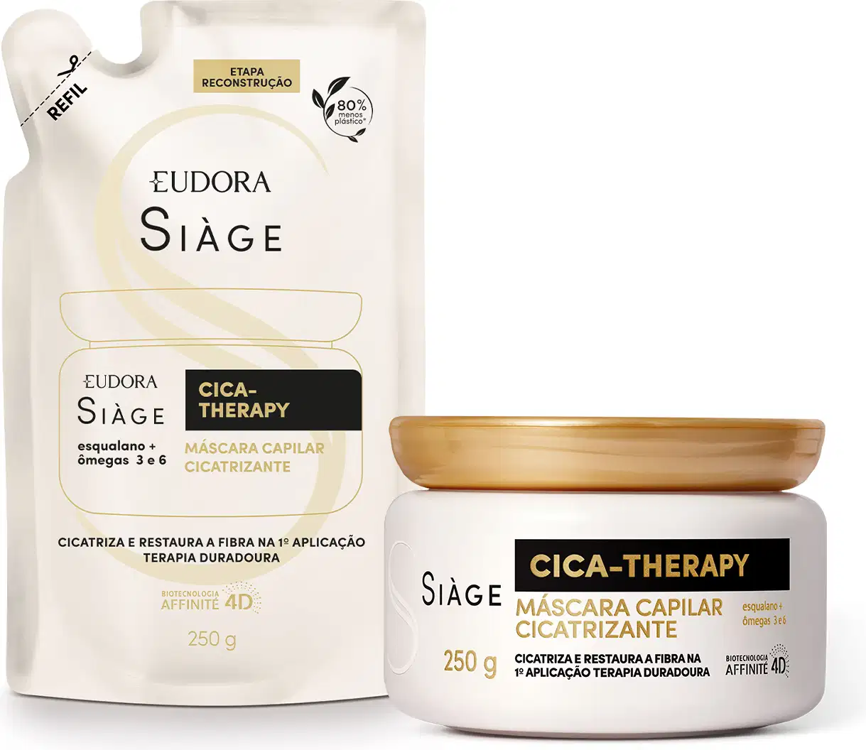 A imagem mostra um kit com dois produtos, um refil e um pote de máscara capilar. Ambos com embalagem bege, letras pretas e bege.