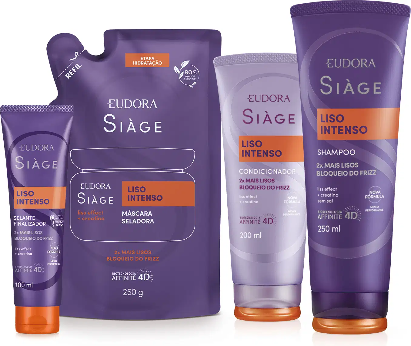 A imagem mostra um kit com quatro produtos, uma bisnaga pequena de leave-in, um refil de máscara capilar, uma bisnaga de condicionador e outra de shampoo. Todos com embalagem roxa, letras brancas, roxas e laranjas.