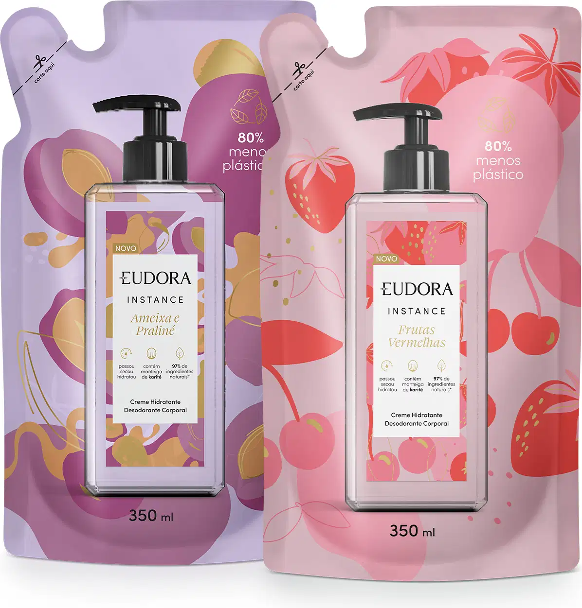 Dois sachês de 350ml. Um é roxo com detalhes em tons terrosos e o rótulo indica a fragrância "Ameixa e Praline". O outro é rosa com ilustrações de frutas e o rótulo mostra a fragrância "Frutas Vermelhas".
