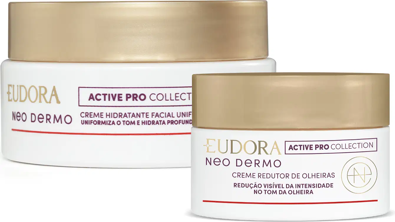 Dois potes de creme facial da linha Neo Dermo da marca Eudora. Um pote branco com tampa dourada contém "Creme Hidratante Facial Uniformizador" da coleção Active Pro Collection. O outro pote branco com tampa dourada é um "Creme Redutor de Olheiras"