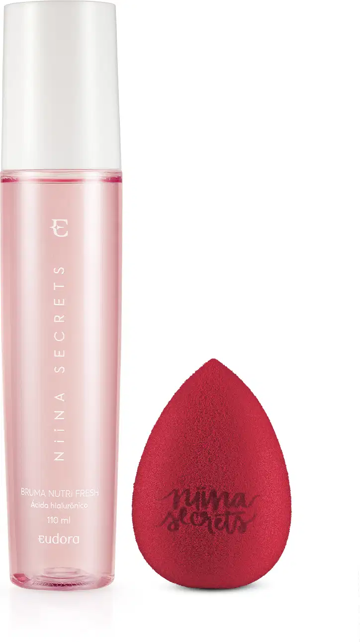 Bruma Facial Nutri Fresh Niina Secrets 110 ml e esponja para maquiagem em tom de rosa vibrante.