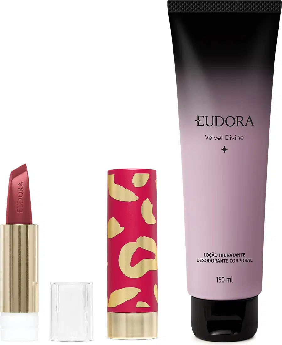 Kit Loção Corporal Eudora Velvet Divine 150ml + Refil Batom 3,4g + Case Para Batom