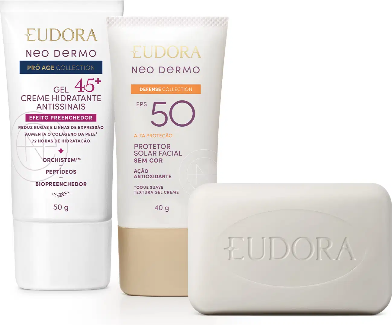 Produtos da linha Neo Dermo da Eudora, incluindo um gel creme hidratante antissinais 45+, um protetor solar facial FPS 50 e um sabonete em barra. As embalagens apresentam design clean e cores neutras, com destaque para o logotipo da marca.