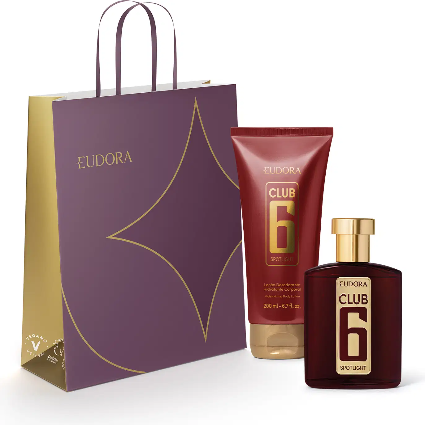 Conjunto de produtos de beleza da marca Eudora, incluindo um frasco de perfume Club 6 Spotlight e um tubo de loção corporal, acondicionados em uma sacola de compras de cor roxa com detalhes dourados.