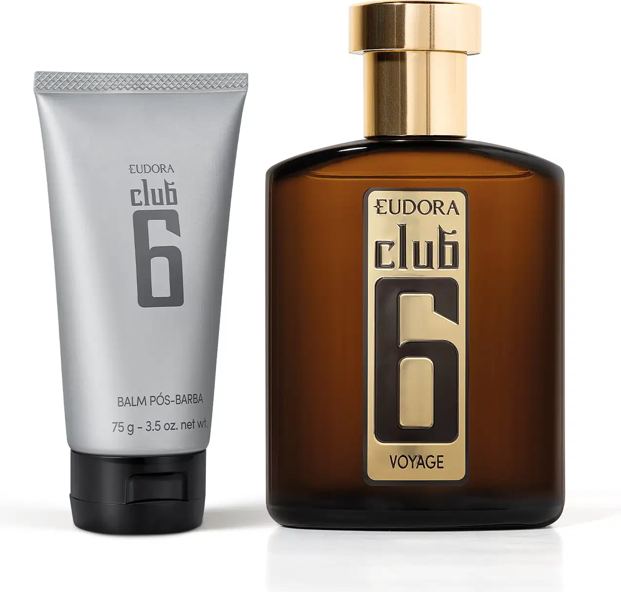 Conjunto de produtos de beleza da linha Club 6 da Eudora, composto por um frasco de perfume com rótulo dourado e um tubo de bálsamo pós-barba em embalagem cinza.
