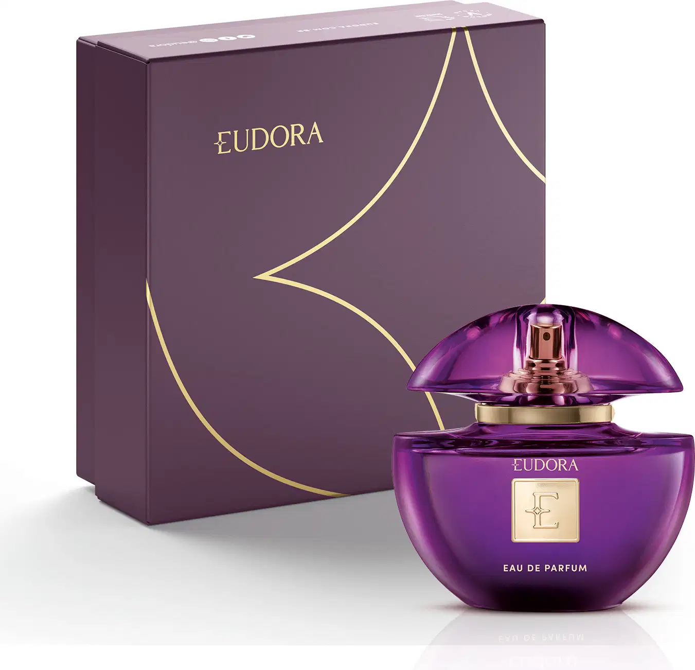 Frasco de perfume Eudora em embalagem roxa e dourada, com design elegante e sofisticado. O produto é apresentado em uma caixa de papelão também na cor roxa, com detalhes dourados.