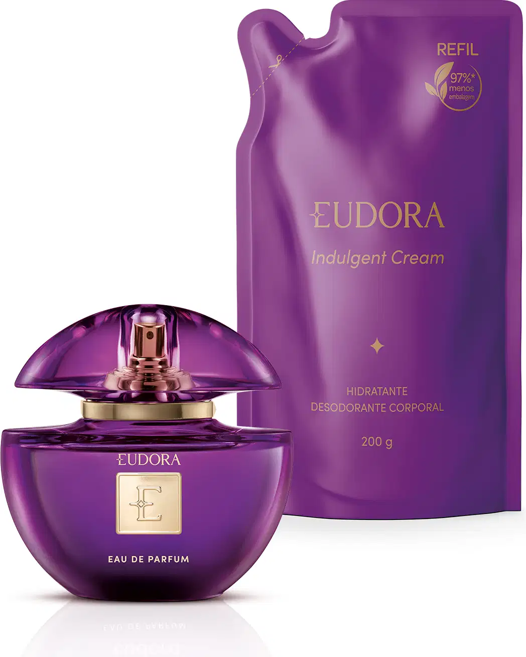 Perfume Eudora em frasco arredondado de vidro roxo com detalhes dourados. Sachê refil 200g de creme corporal hidratante desodorante Eudora Indulgent Cream na cor roxa, com detalhes em dourado.