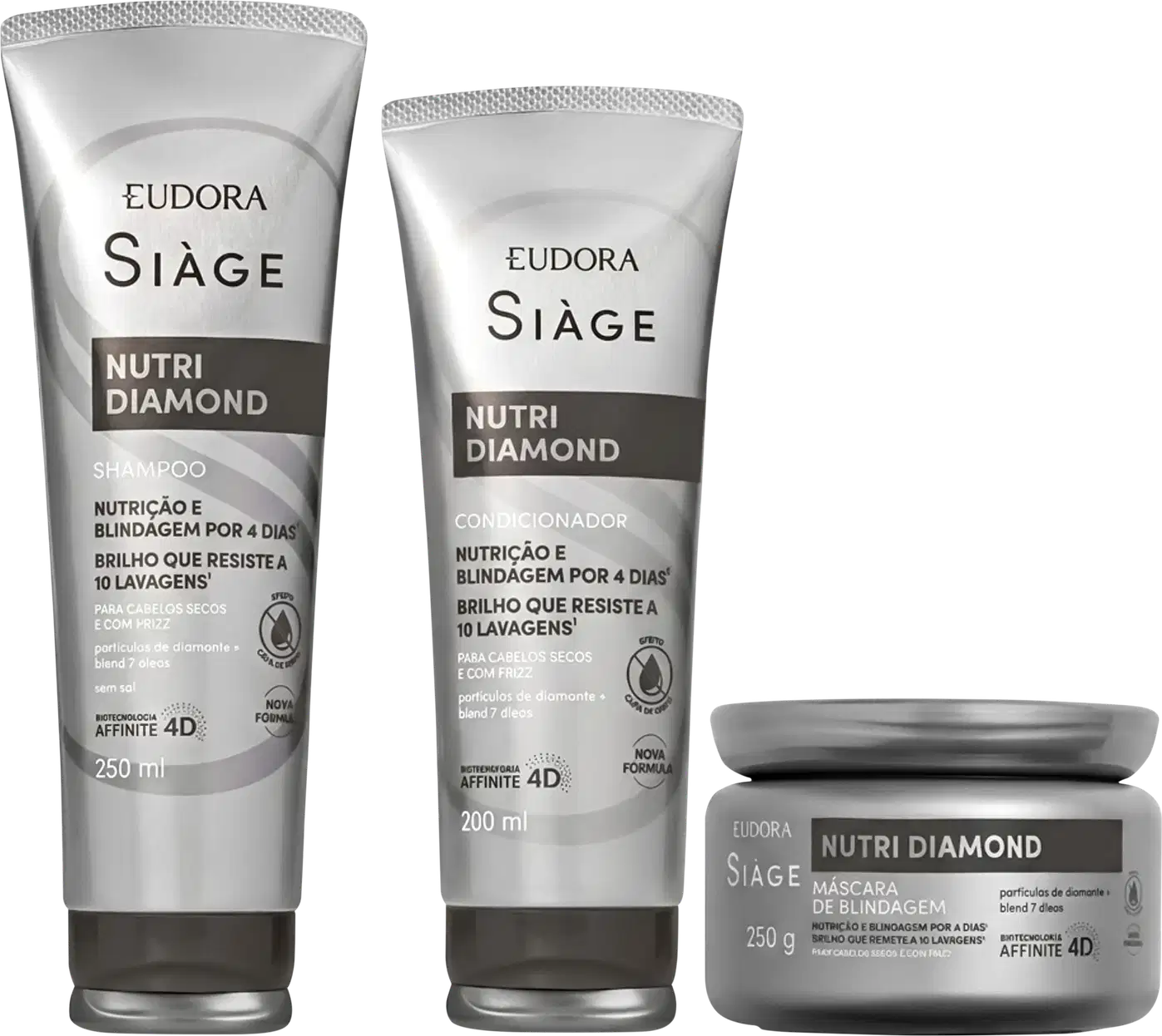 Os produtos Siàge Nutri Diamond incluem um shampoo, um condicionador e uma máscara de tratamento em embalagens brancas e cinzas. Os rótulos destacam os benefícios de nutrição e brilho que duram até 10 lavagens.