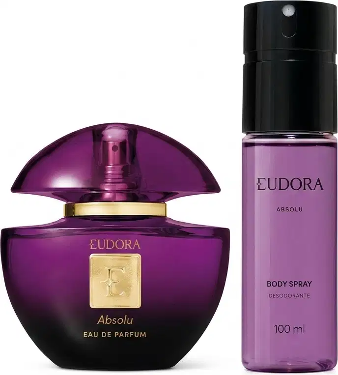 Conjunto de produtos Eudora Absolu, composto por um frasco de perfume de cor roxa e um frasco de desodorante corporal também na cor roxa, ambos com detalhes dourados no rótulo.